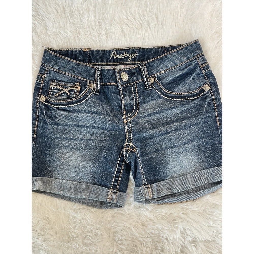 Amethyst Womens Denim Shorts Size 3 Medium Wash Slim Fit Cuffed Mid Rise 3627